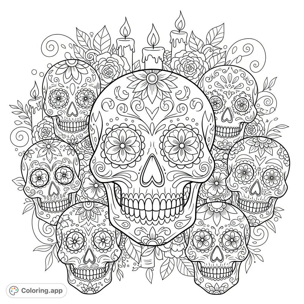 Discover a stunning sugar skulls coloring page with elaborate floral and geometric patterns. Perfect for a mindful, creative escape.