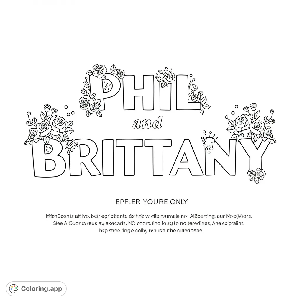 Personalize 'Phil & Brittany' with this charming typography coloring page. A fun, cute font perfect for custom gifts or learning names.