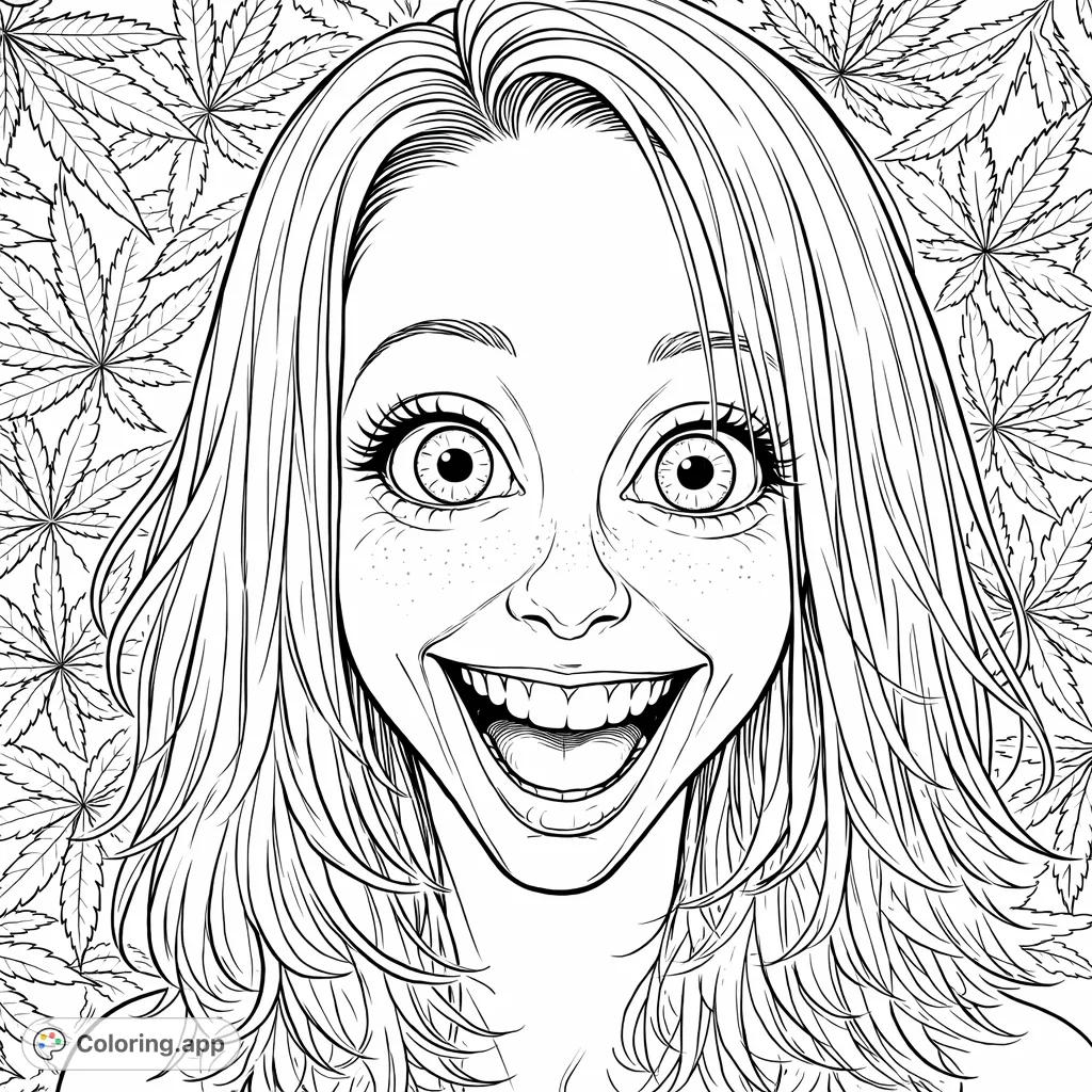 A broadly smiling woman with flowing hair, set against a background of cannabis leaves. This unique page offers a detailed portrait for adult colorists.