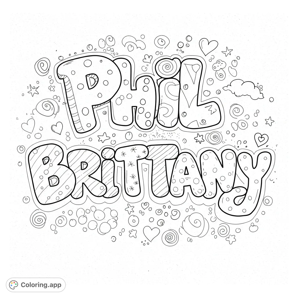A fun, customizable coloring page featuring the names 'Phil' and 'Brittany' in playful, bubbly graffiti letters with decorative elements, perfect for personalization.