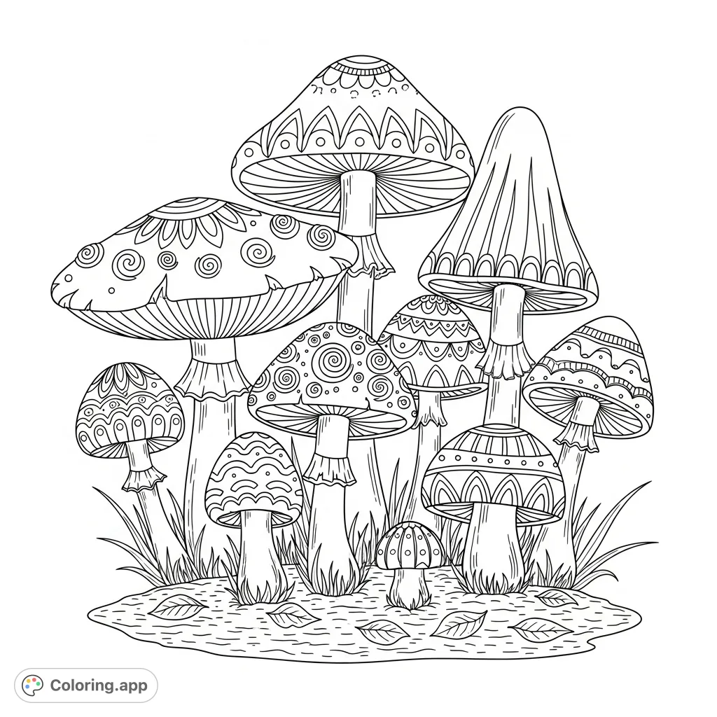 Explore a charming collection of mushrooms, each adorned with unique, playful patterns. A delightful nature-themed coloring page for all ages.
