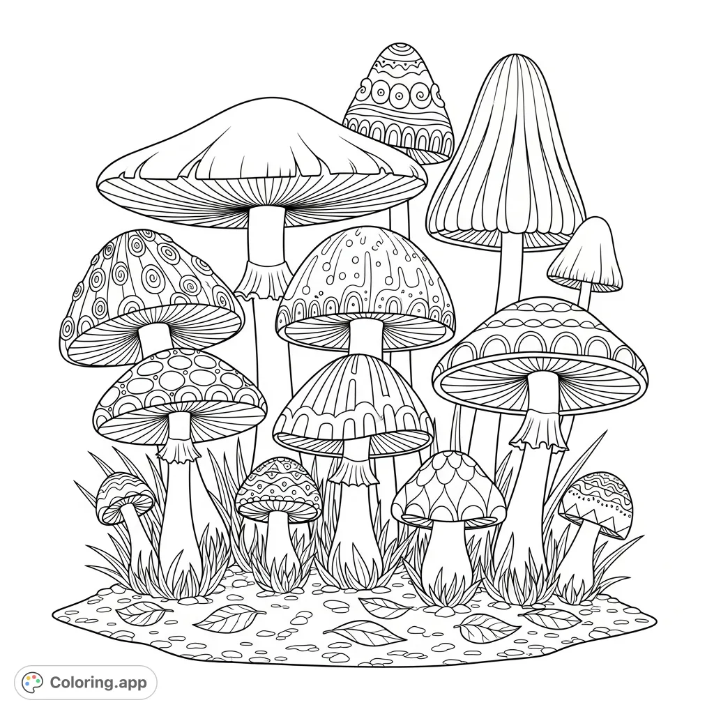 Explore a charming collection of mushrooms, each adorned with unique, playful patterns. A delightful nature-themed coloring page for all ages.