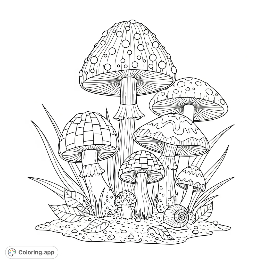 Explore a charming collection of mushrooms, each adorned with unique and playful patterns, nestled in a detailed forest floor scene.