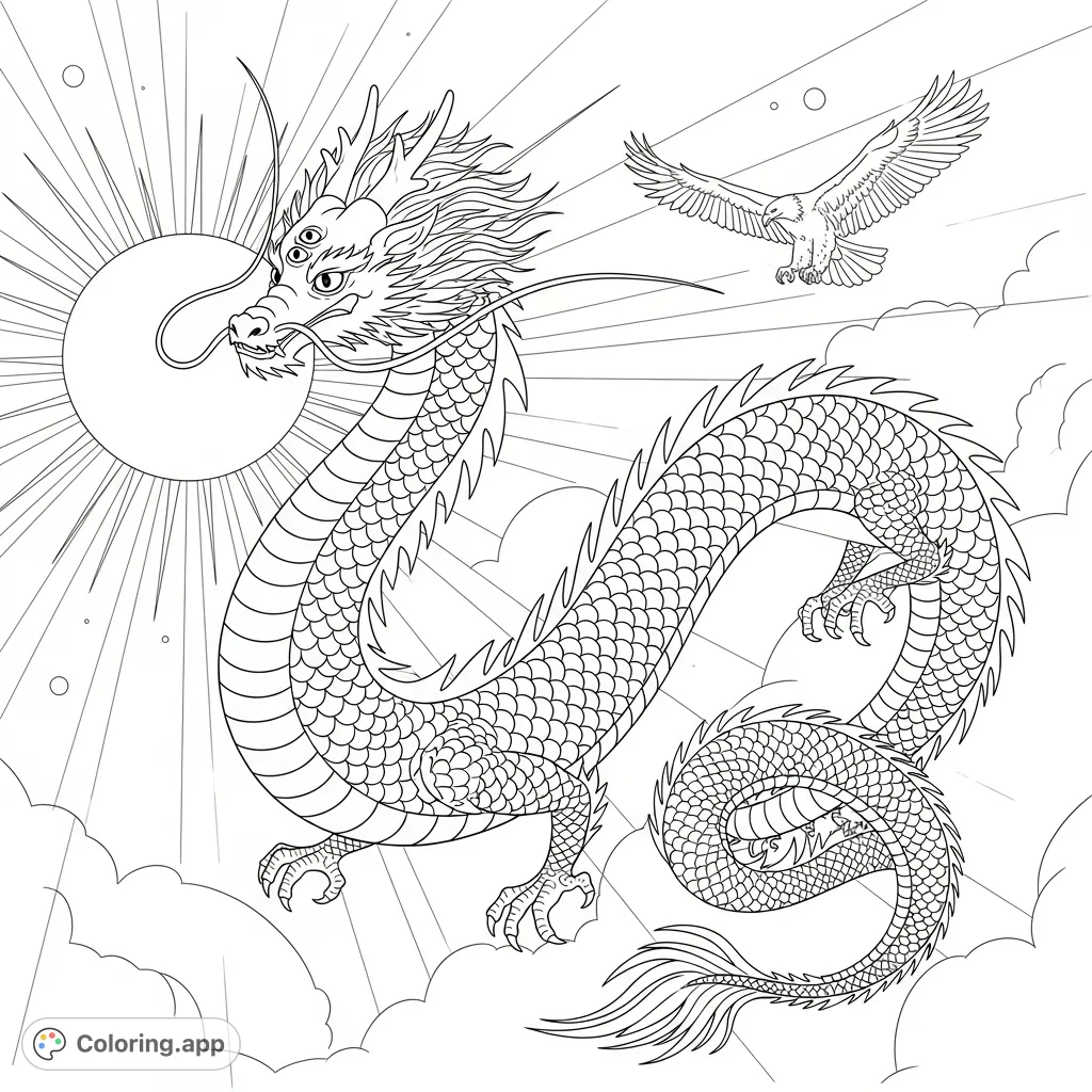 A majestic, long dragon with intricate scales and spikes floats in the heavens, accompanied by a soaring bald eagle and a radiant sun.