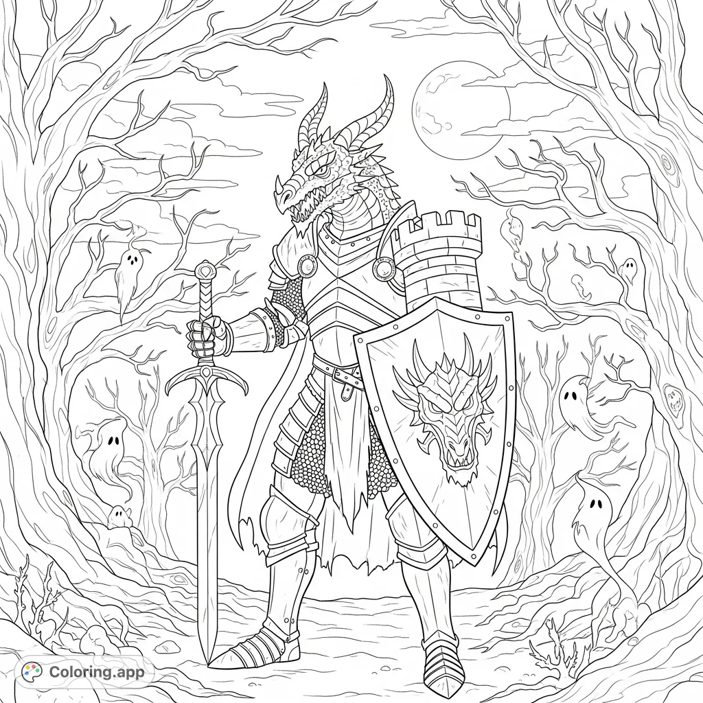 An imposing dragon-headed knight stands guard in a shadowy, gnarled forest, wielding a curved sword and shield, surrounded by ethereal forest spirits.