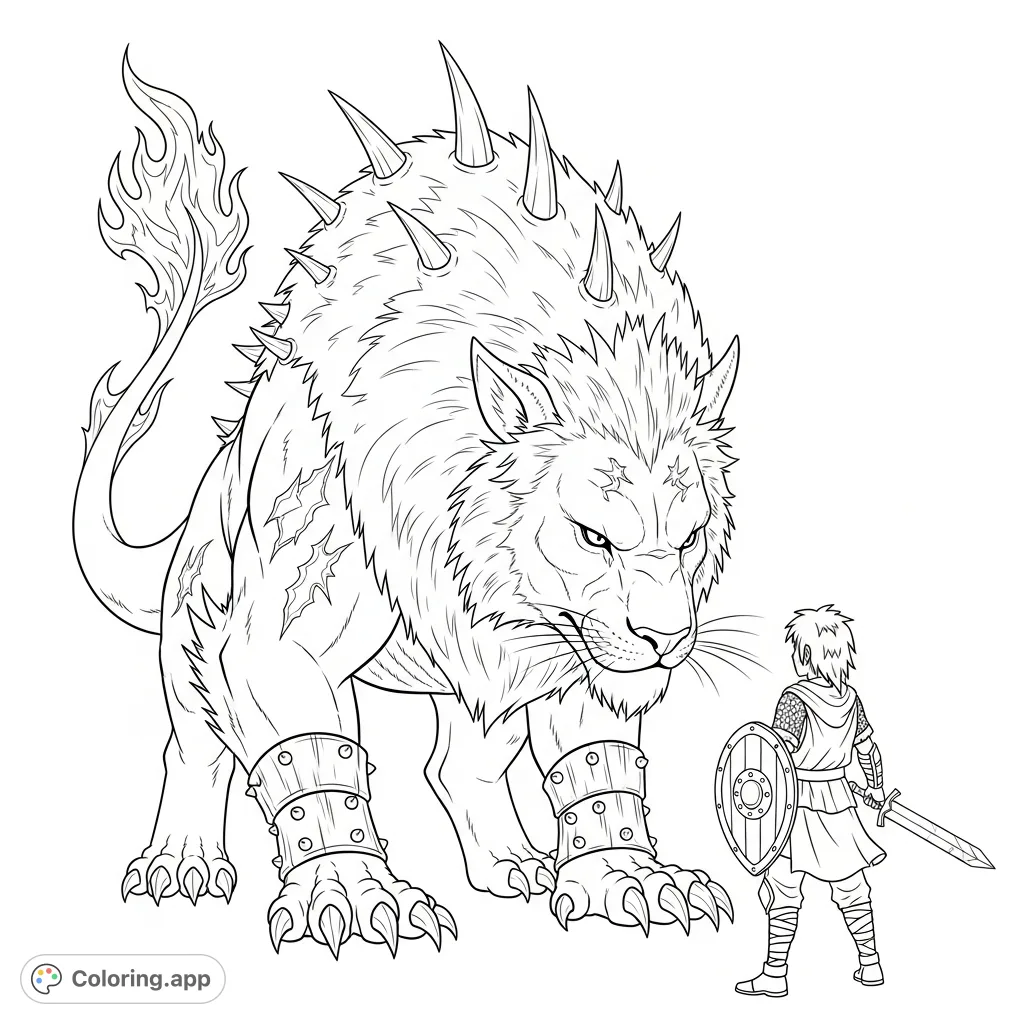 An epic fantasy coloring page featuring a colossal, dragon-sized lion with metal claws and spiked back confronting a human boy with a shield and broadsword.