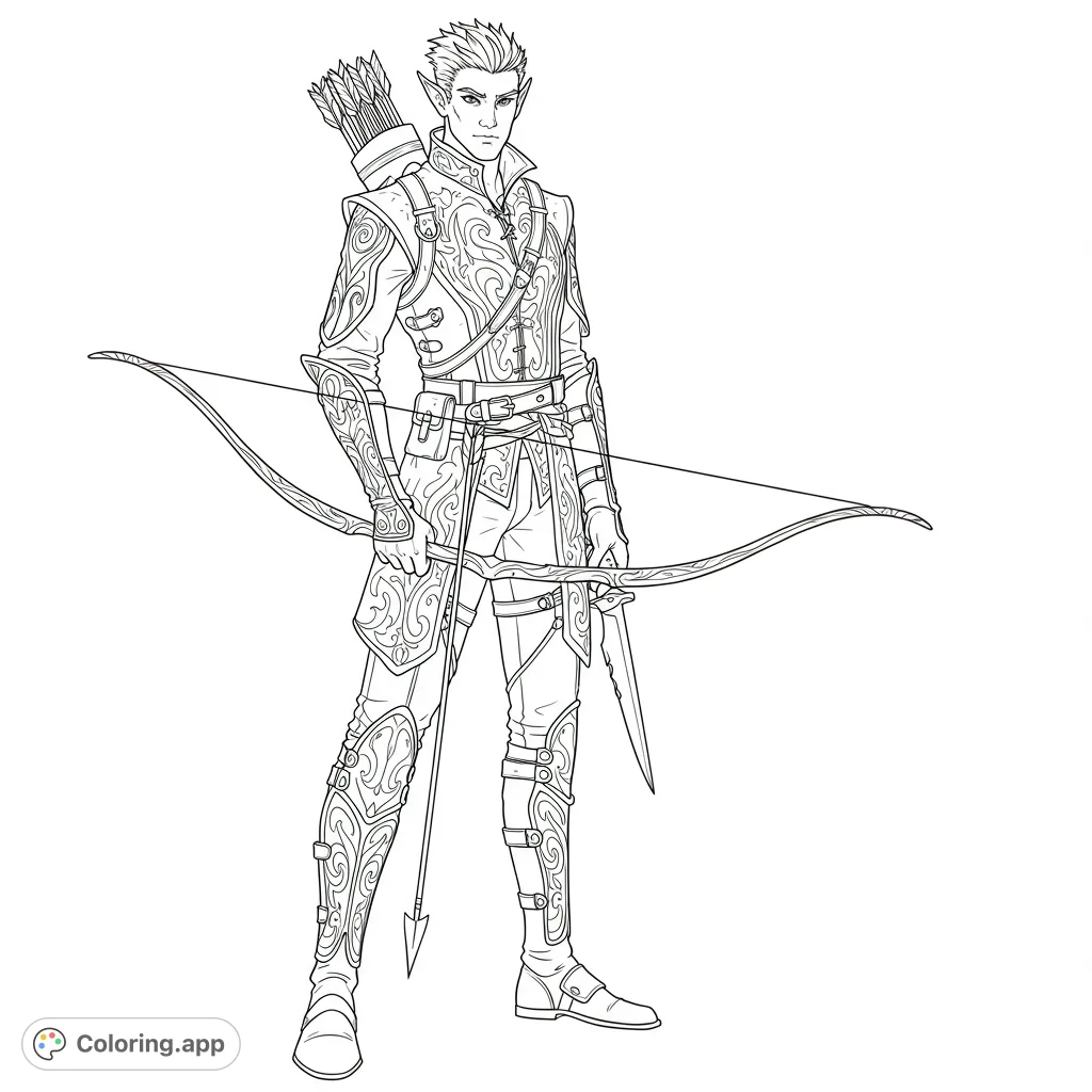 A detailed male elf archer, poised with a longbow and pocket knife, featuring intricate water-inspired patterns on his leather attire.
