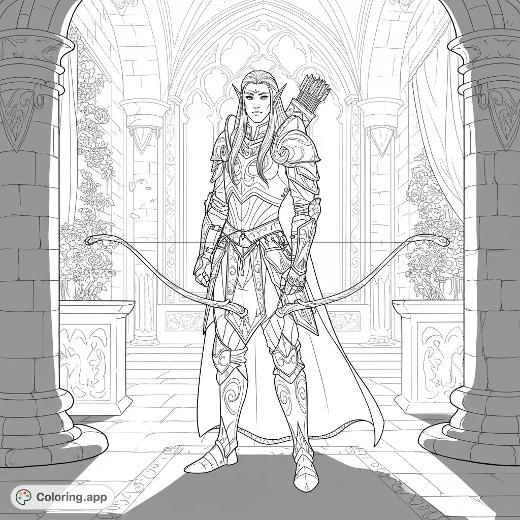 An elegant elf in detailed armor, holding a bow, stands within a grand, shadowed castle. A captivating fantasy scene for creative coloring.