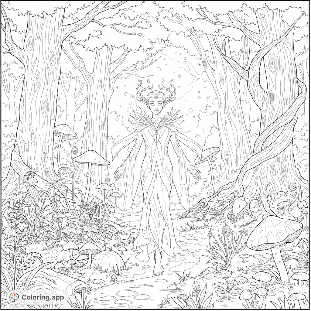 Discover a mystical phantom elf amidst an ancient, glowing enchanted forest. A magical scene perfect for imaginative coloring.