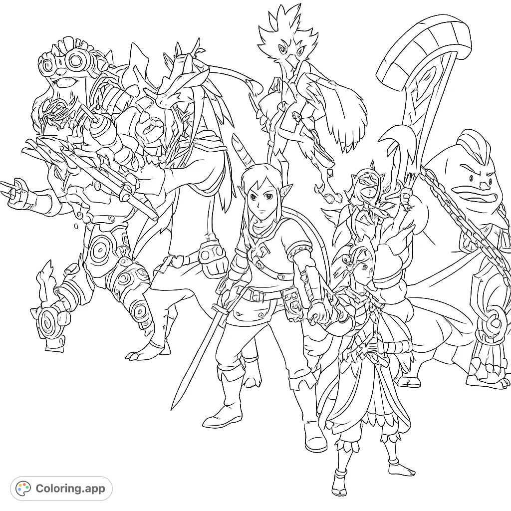 An epic fantasy heroes alliance coloring page featuring a diverse group of characters, perfect for fans of adventure and detailed designs.