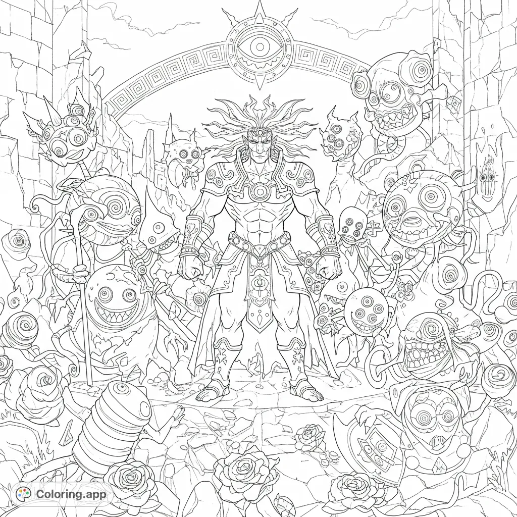 Unleash your creativity on this epic Zelda Tears of the Kingdom villains coloring page, featuring Ganon and his menacing horde in a ruined Hyrule.