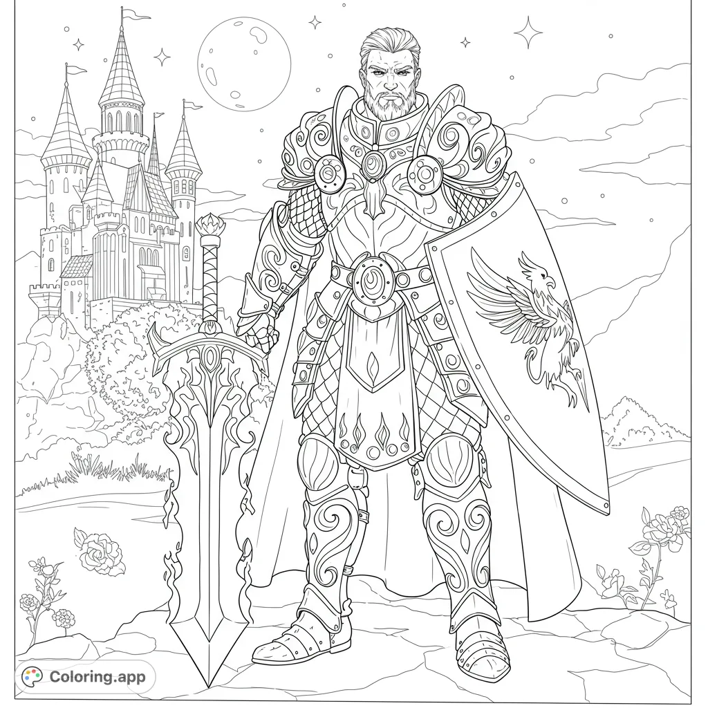 A valiant griffin knight stands guard at his castle, wielding a sword with flame-like elements and a griffin shield, under a starry night sky.
