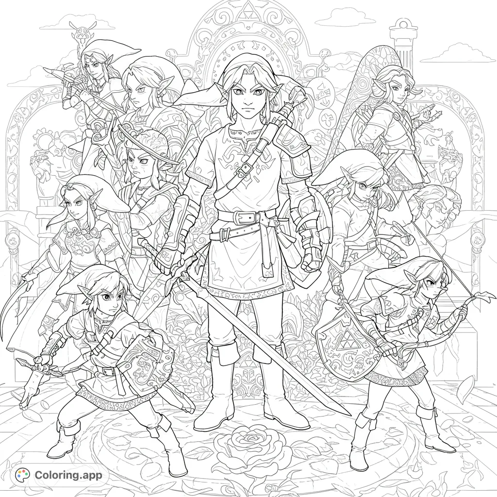 A dynamic Zelda coloring page featuring Link in various iconic forms, ready for adventure across Hyrule.