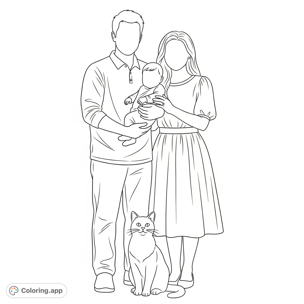 Capture the warmth of family with this customizable portrait coloring page featuring a husband, wife, baby, and their beloved cat. Design your own faces!