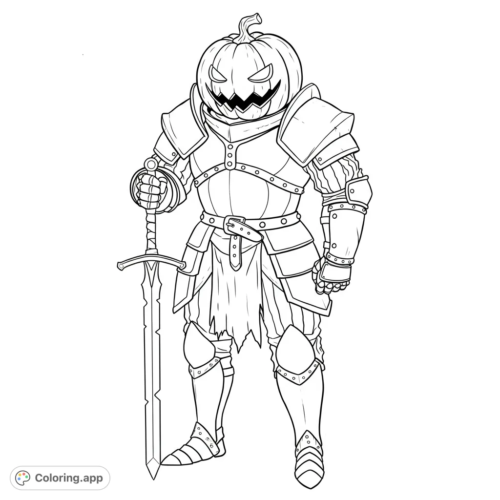 Unleash creativity with a pumpkin warrior coloring page! Features a formidable armored figure with a spectral ghost face and a mighty sword. Perfect for fantasy fans.