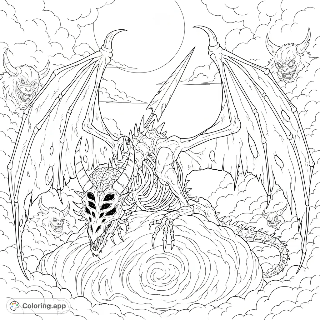 Unleash your creativity with this formidable seven-eyed skeletal dragon, featuring exposed brains, weathered wings, and sharp spines amidst a stormy sky with cloud monsters.