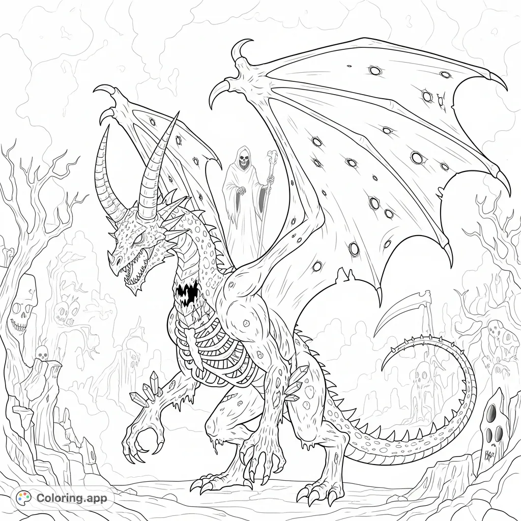 A fearsome skeletal dragon with zombie features and a spiked tail, watched over by a shadowy Grim Reaper in a haunted landscape.