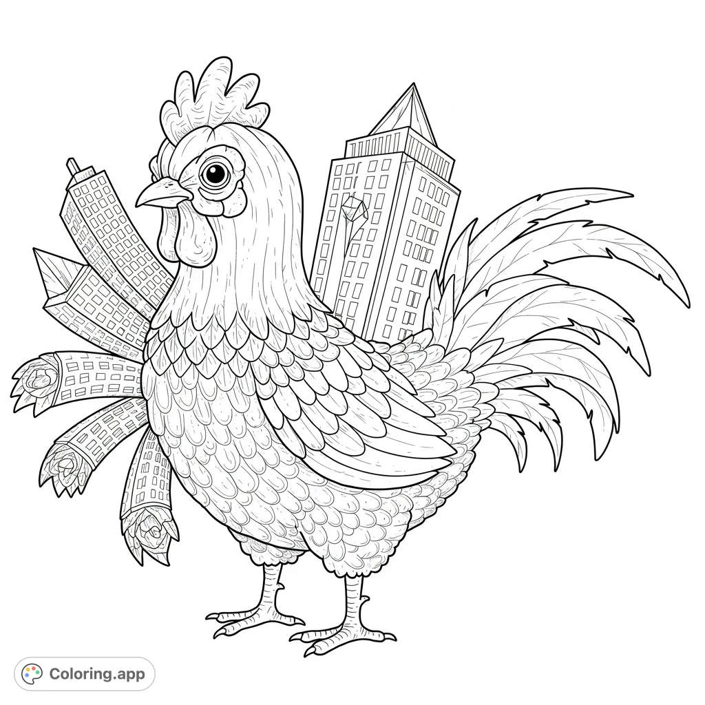 Discover a unique chicken creature with a pumpkin head, nine skyscraper arms, and a sparkling diamond tail. A whimsical and detailed coloring adventure awaits!