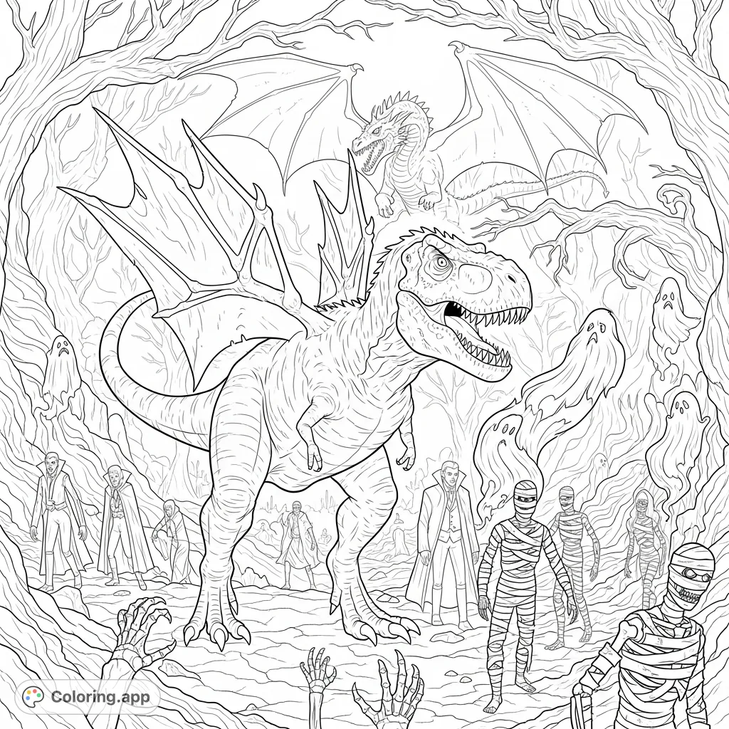 Enter a creepy dark forest where a T-Rex with spikey wings, a menacing dragon, and an array of undead creatures roam. A thrilling monster coloring page!