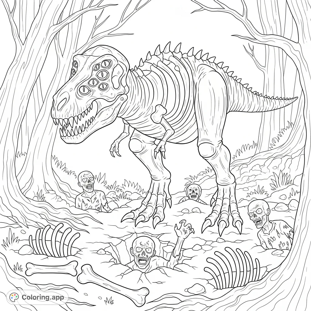 Encounter a bony, ten-eyed T-Rex with snake pupils in a spooky forest, surrounded by emerging zombies and scattered rib bones. A chilling scene for adult colorists.