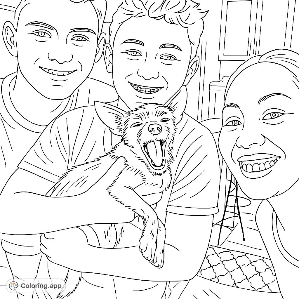 Capture a heartwarming moment with a happy family and their playful pet. Perfect for all ages to color and bring to life.