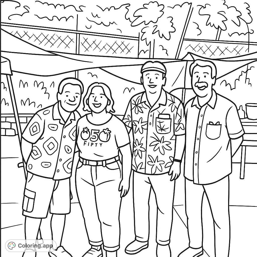A fun outdoor gathering scene featuring four friends under canopies, perfect for a relaxing coloring experience.