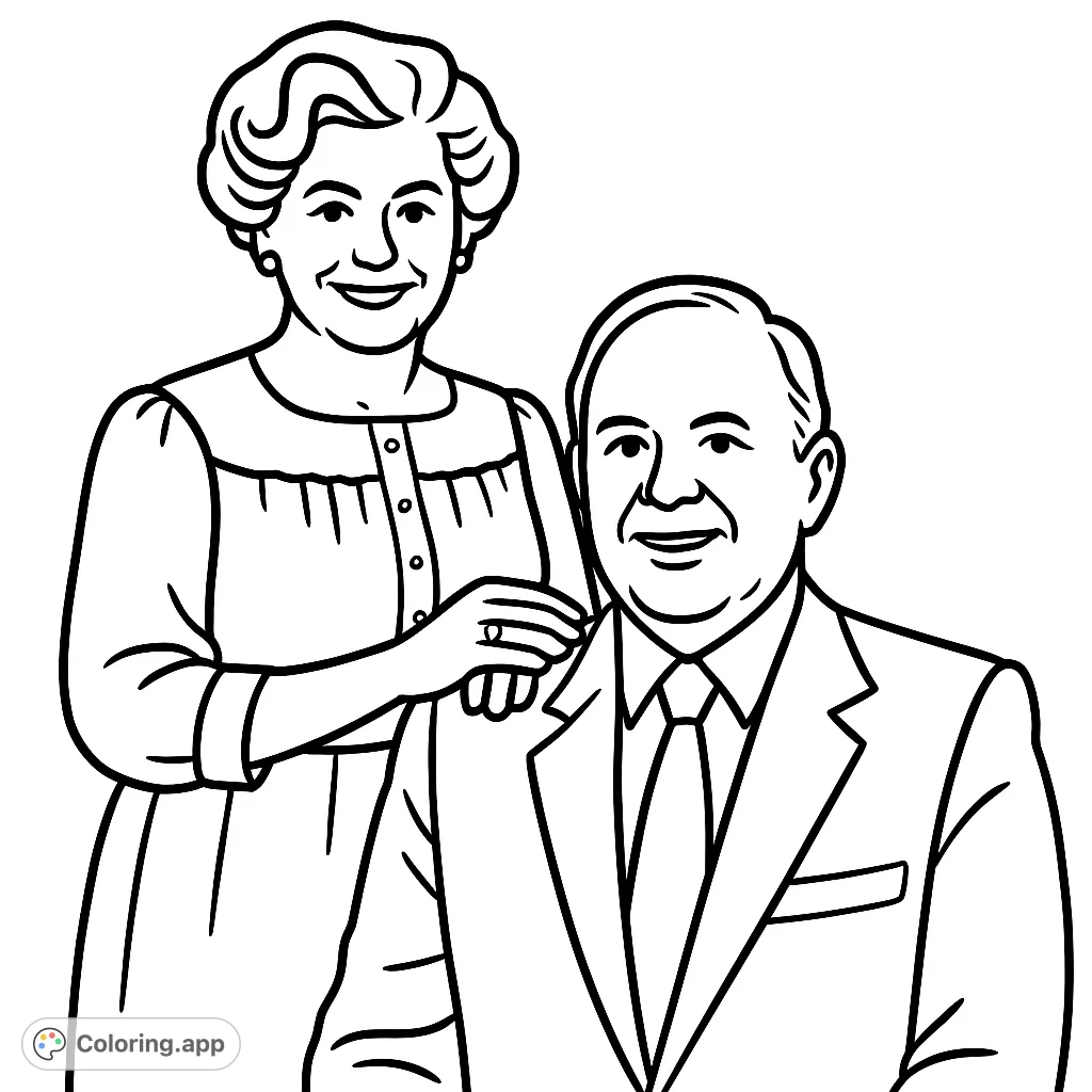 A heartwarming portrait of a smiling couple, perfect for a personalized coloring experience. Simple lines for easy coloring and creative expression.