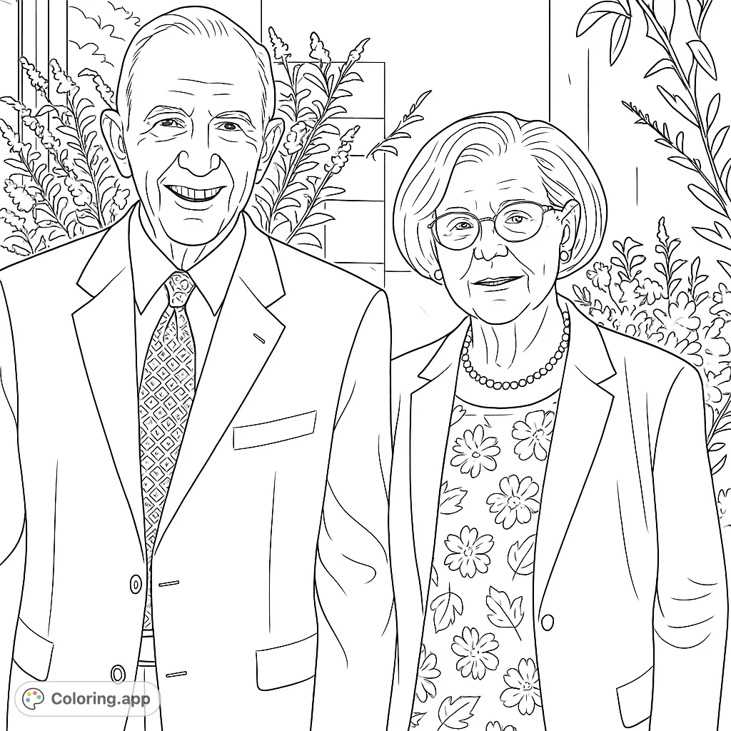 A heartwarming portrait of a smiling older couple, perfect for a personalized coloring experience. Features intricate details on clothing and a natural background.