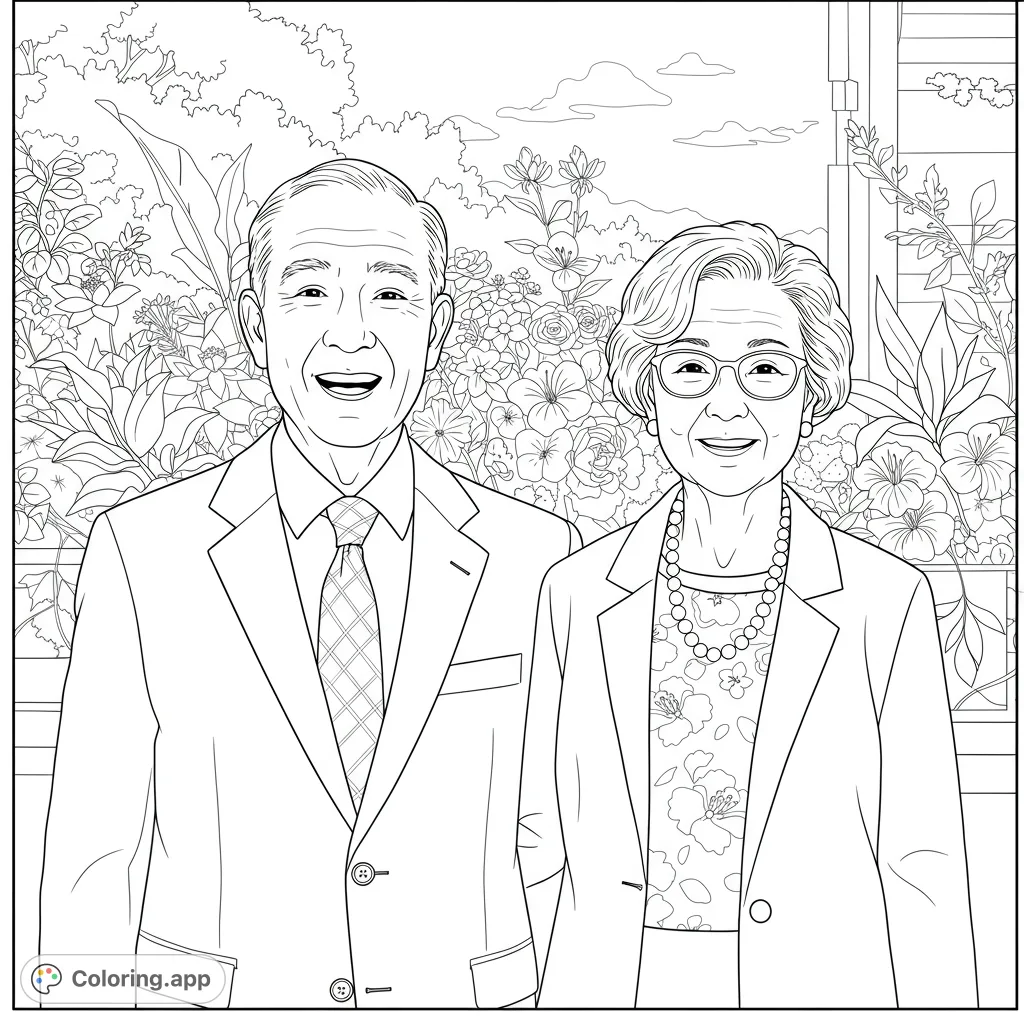 A heartwarming coloring page featuring a smiling older couple, dressed formally, standing in front of lush foliage. Perfect for celebrating family and connection.