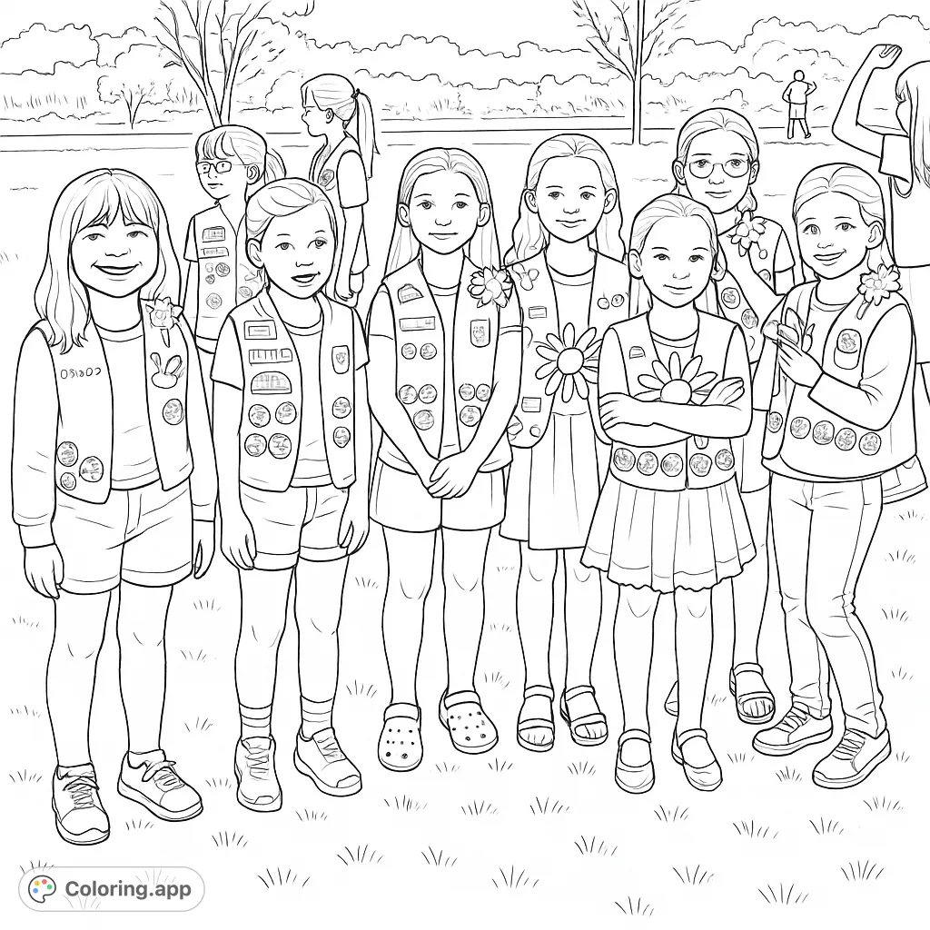 A cheerful group of young girls in their scout vests, covered in achievement patches, standing together on a grassy field. A fun community coloring page.