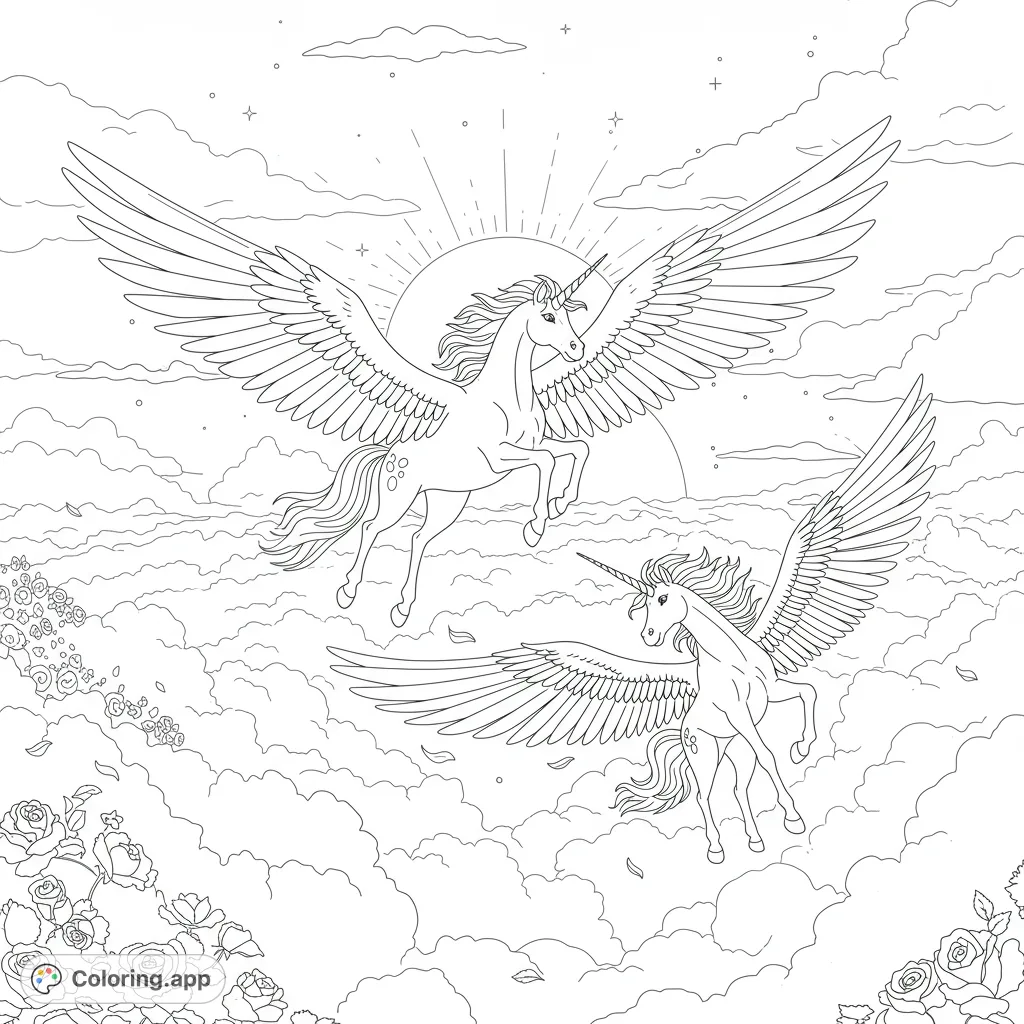 Witness two majestic winged unicorns soaring through a dawn sky, surrounded by soft clouds, a faint rainbow, and lingering stars. A magical scene for all ages.