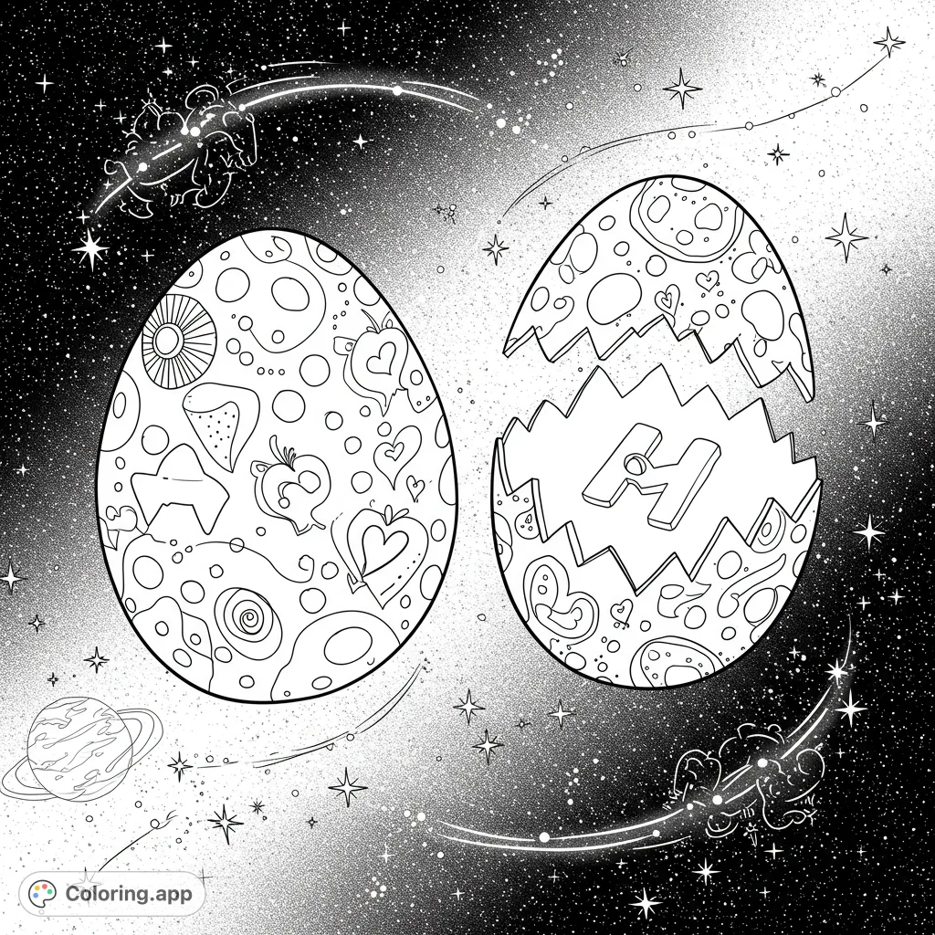Explore a cosmic scene with surprise eggs and ethereal unicorn constellations. A free printable cosmic surprise egg coloring page for imaginative fun.