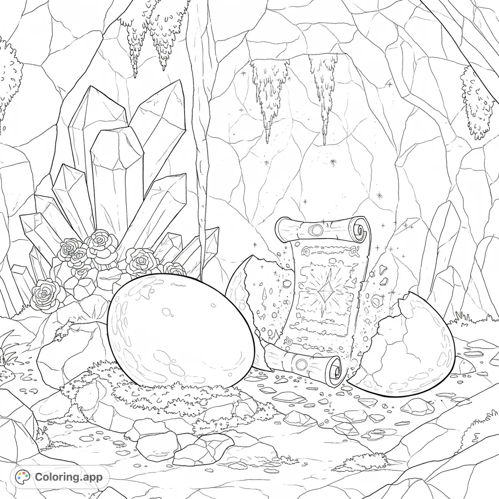 Explore a hidden crystal grotto with mysterious surprise eggs, one revealing an ancient, glowing secret amidst shimmering particles and ethereal mist.