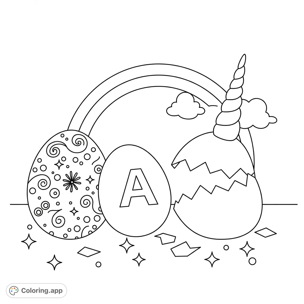 Discover the magic of the alphabet with this enchanting coloring page featuring two ornate eggs, one revealing a letter, surrounded by whimsical fantasy elements.