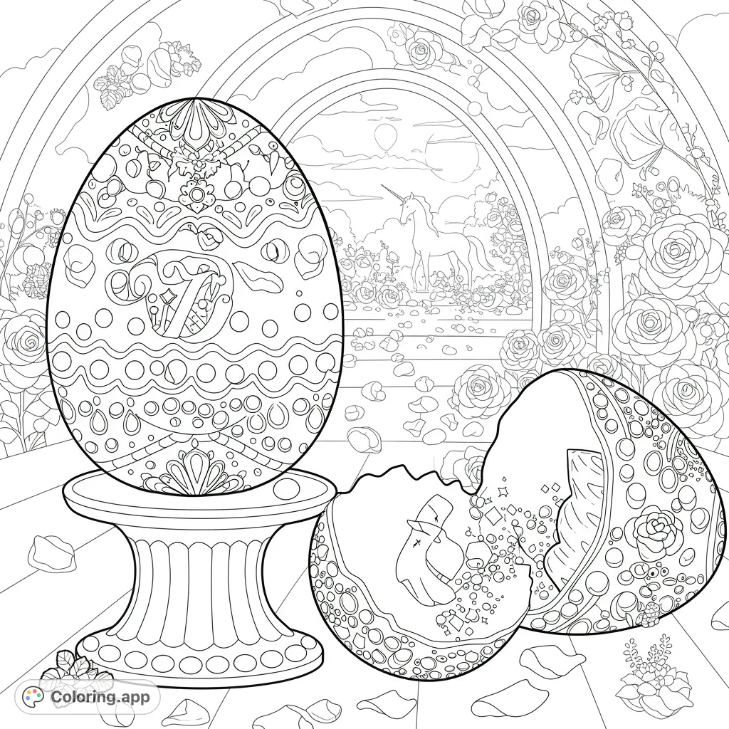 Discover a magical surprise egg on a pedestal, revealing a stylized letter amidst sparkling elements, with a distant unicorn and luminous flora under sweeping arcs.