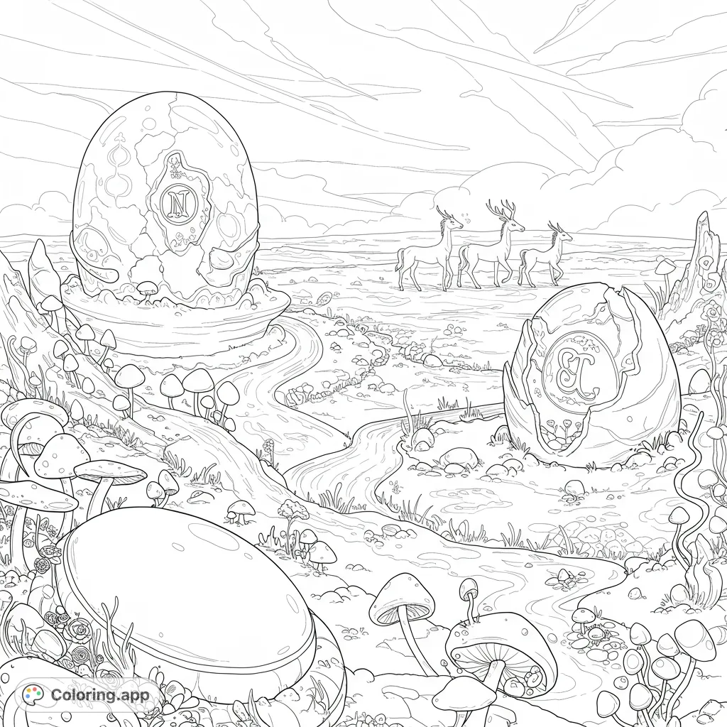 Explore a whimsical fantasy landscape with cloud hills, luminous rivers, and a cracked surprise egg revealing an ornate letter, all beneath a streaked sky.
