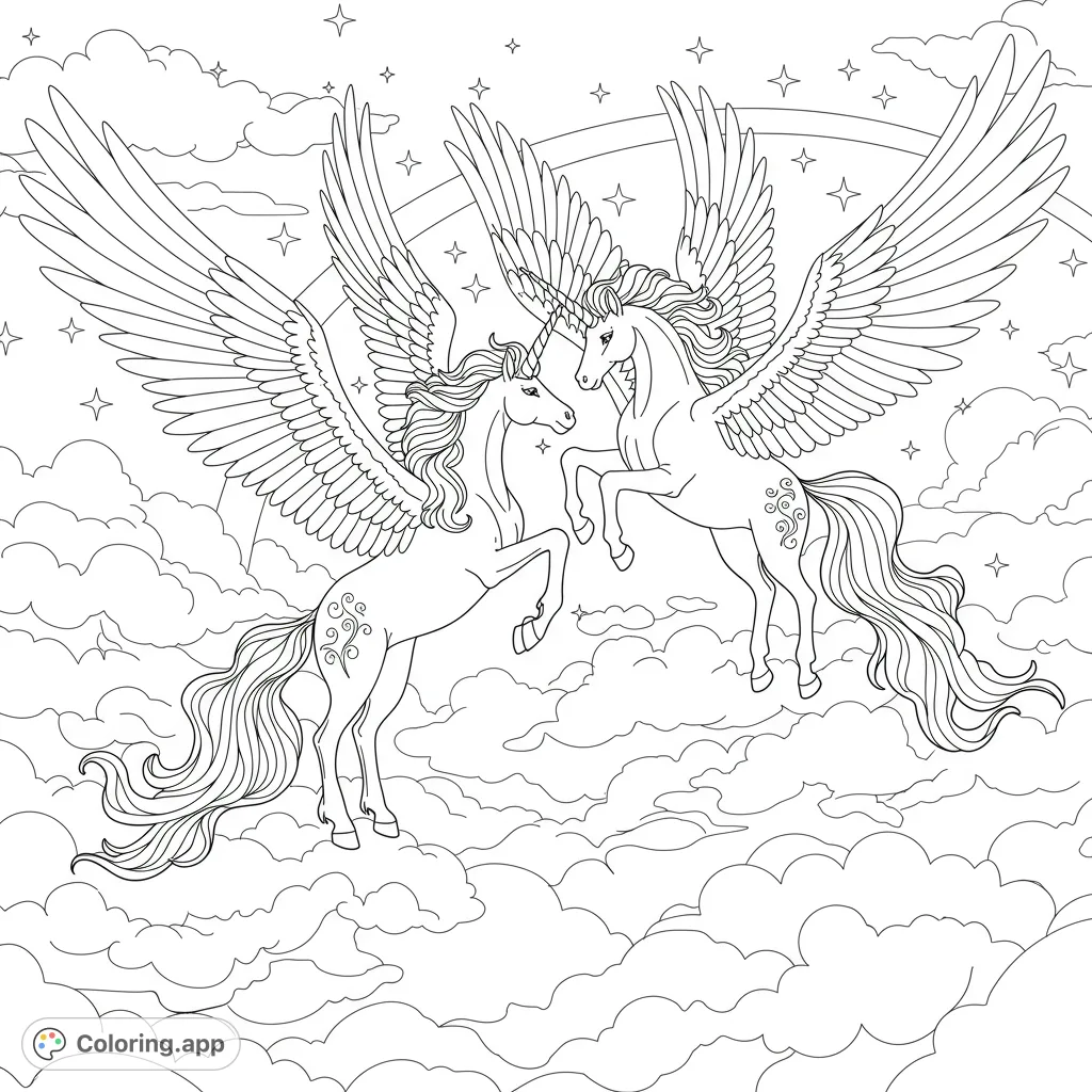 Witness two majestic winged unicorns soaring through a cloud-filled sky with a grand arc and twinkling stars. A magical fantasy scene awaits your creative touch.