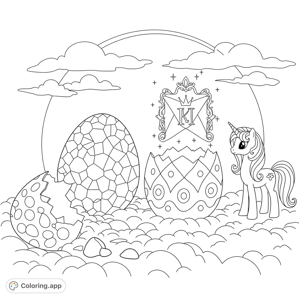 Discover a magical unicorn scene with two surprise eggs, one revealing an ornate letter, all set on soft clouds beneath a grand arch.