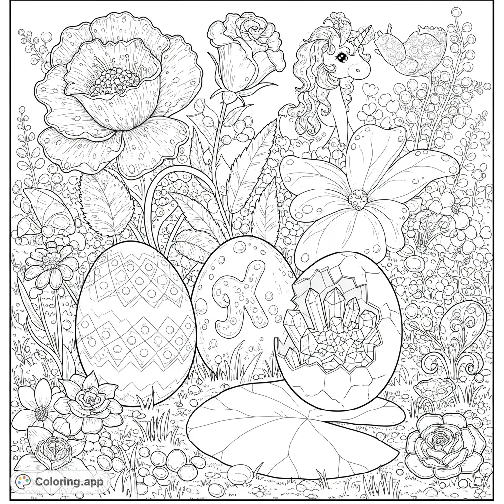 Explore a whimsical garden with oversized flowers, shimmering foliage, and two surprise eggs, one revealing a crystal letter, as a playful unicorn peeks out.
