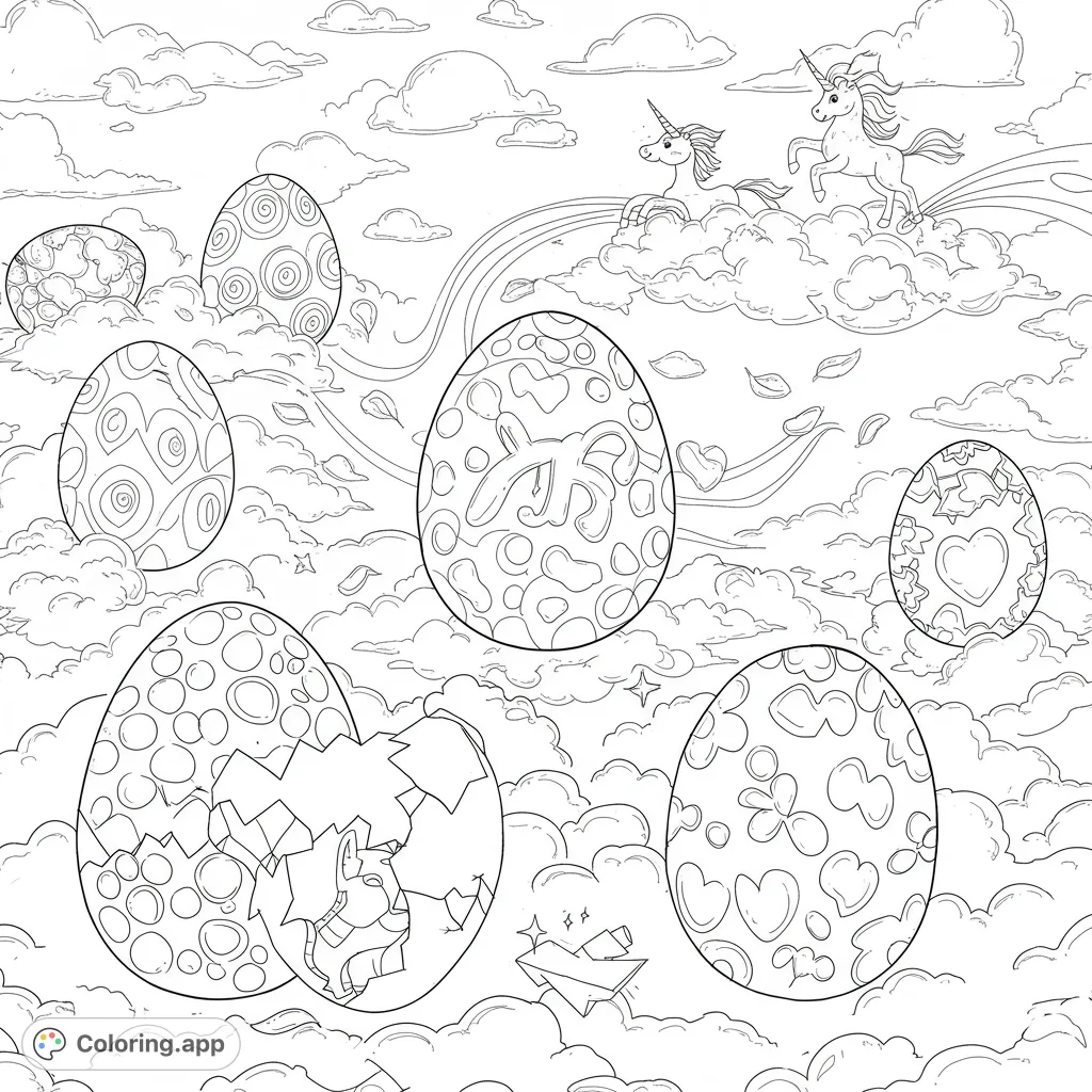 Discover a magical surprise egg coloring page featuring whimsical eggs, a cracked egg revealing a letter, and distant unicorns galloping through a misty sky.