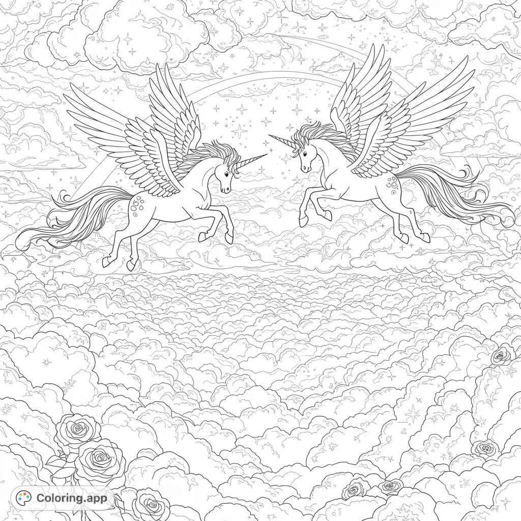Two winged unicorns playfully chase through a cloud labyrinth under a celestial sky with a double arc and scattered stars. A magical scene for coloring.