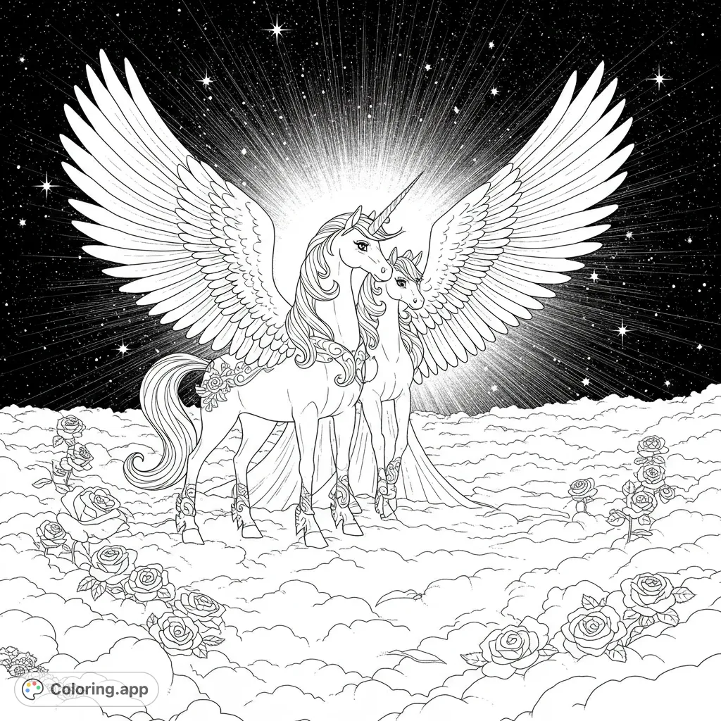 Discover a magical winged unicorn and its companion poised on a cloud, with a glowing arc and shimmering stars. A serene fantasy scene for all ages.