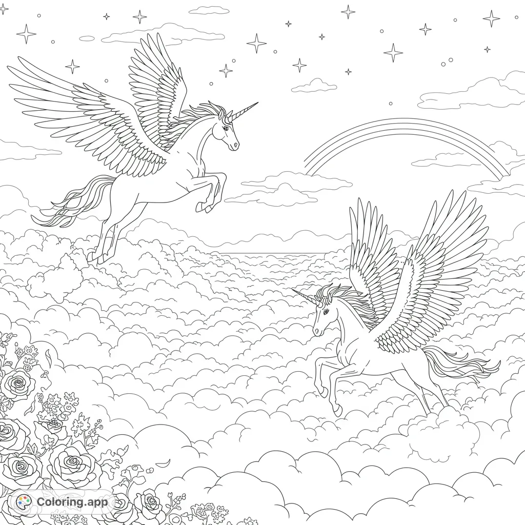 Experience the magic of two majestic winged unicorns galloping across ethereal clouds under a starlit twilight sky with a shimmering rainbow.