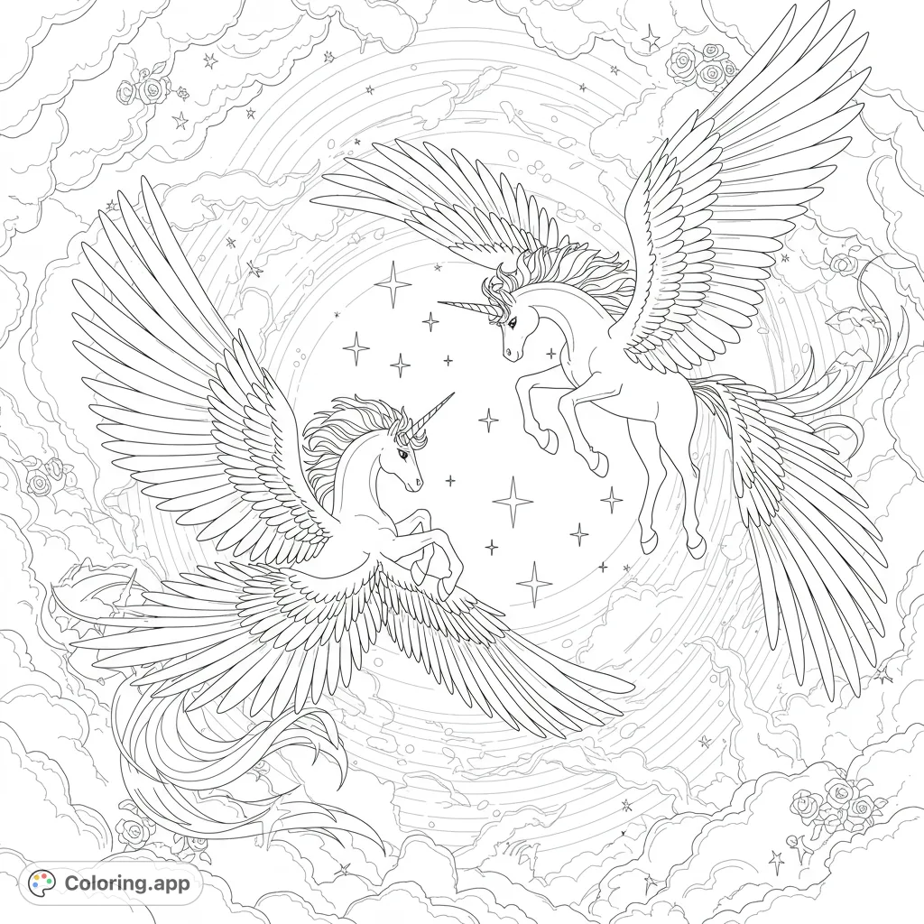 Witness two majestic winged unicorns descending through a celestial cloud vortex, framed by a rainbow and drifting stars. A magical scene for coloring.