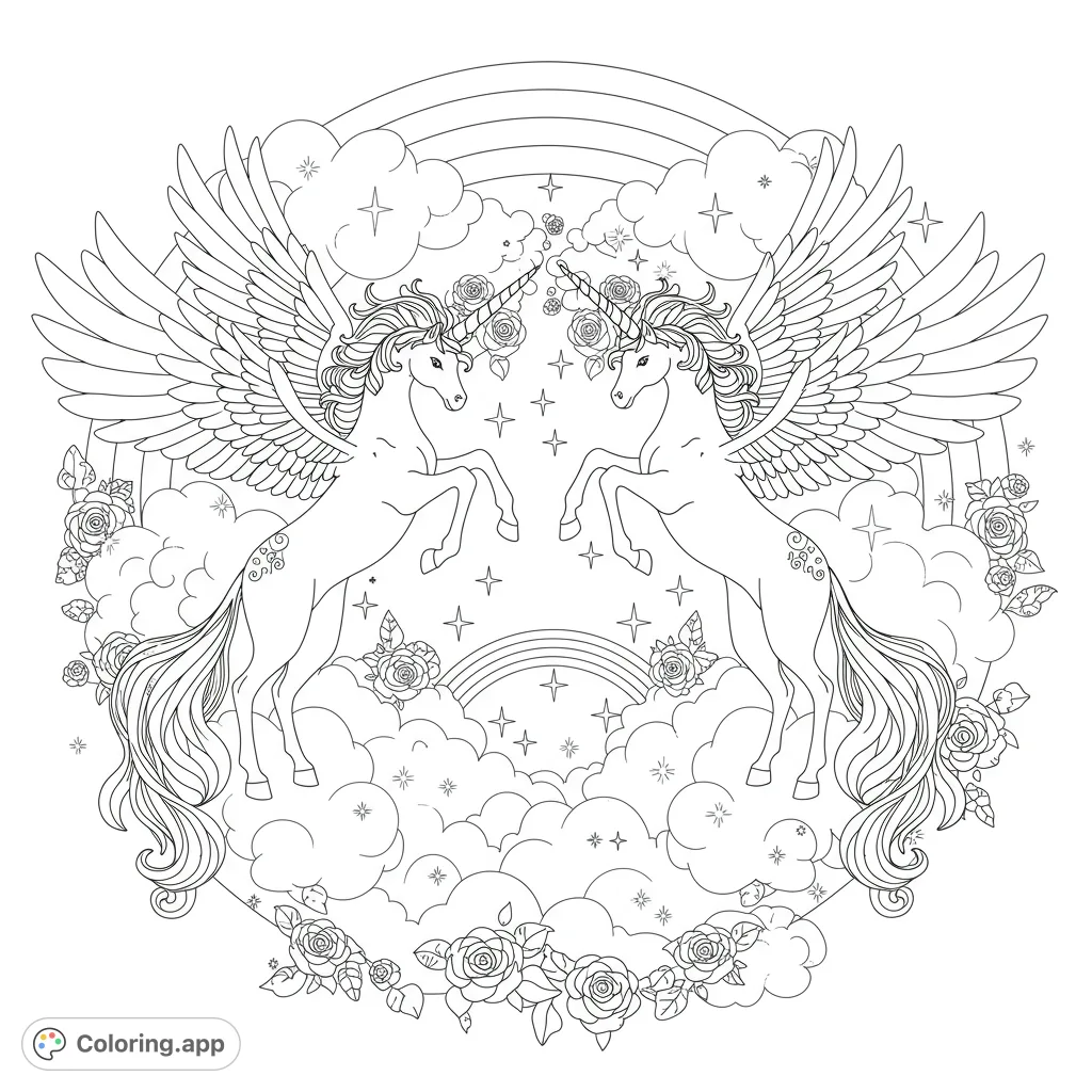 An enchanting scene featuring two winged unicorns playfully circling amidst clouds, framed by a circular rainbow and sparkling stars. A magical fantasy adventure awaits!