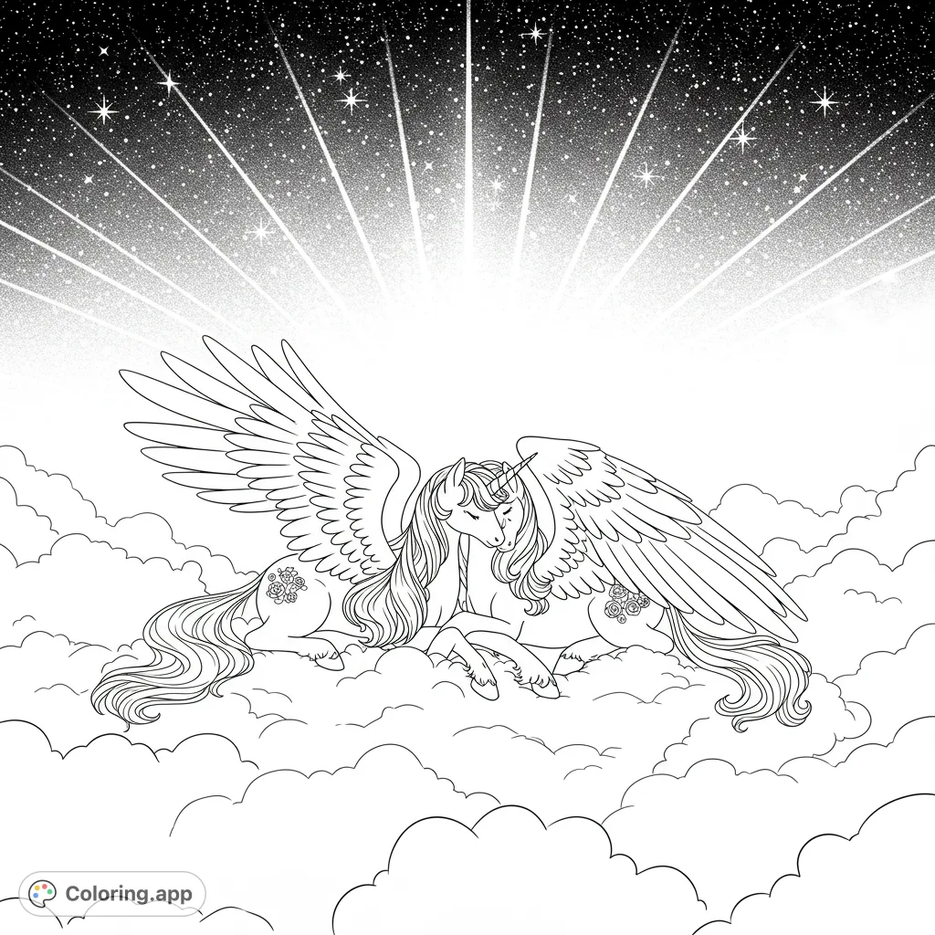 Discover two elegant winged unicorns resting on a fluffy cloud beneath a grand spectrum of light and twinkling stars. A serene celestial scene awaits your colors.