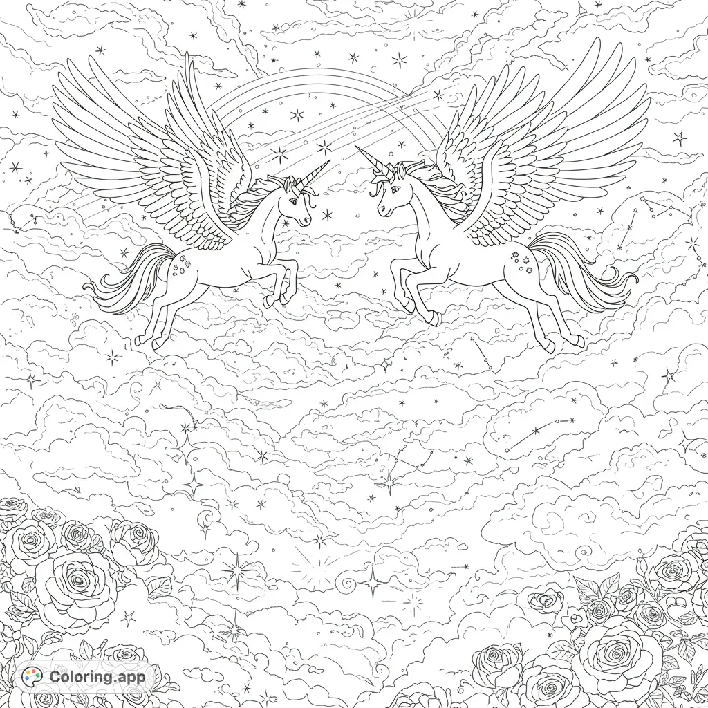 Soar with two majestic winged unicorns through a celestial sky, navigating swirling clouds and a guiding rainbow. A magical fantasy adventure awaits!