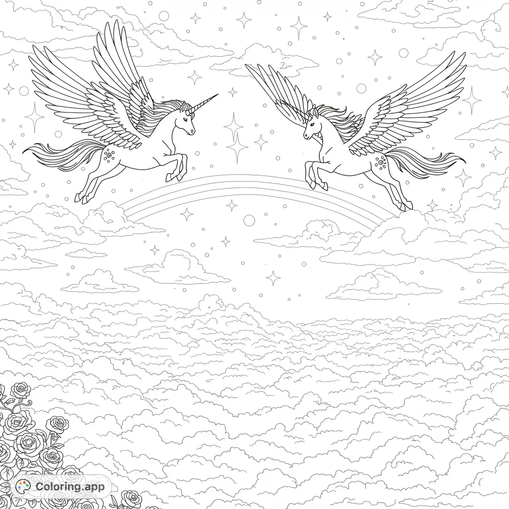 Soar into a magical realm with two winged unicorns flying amidst a starry sky, a shimmering rainbow, and a sea of fluffy clouds. A whimsical fantasy adventure awaits!