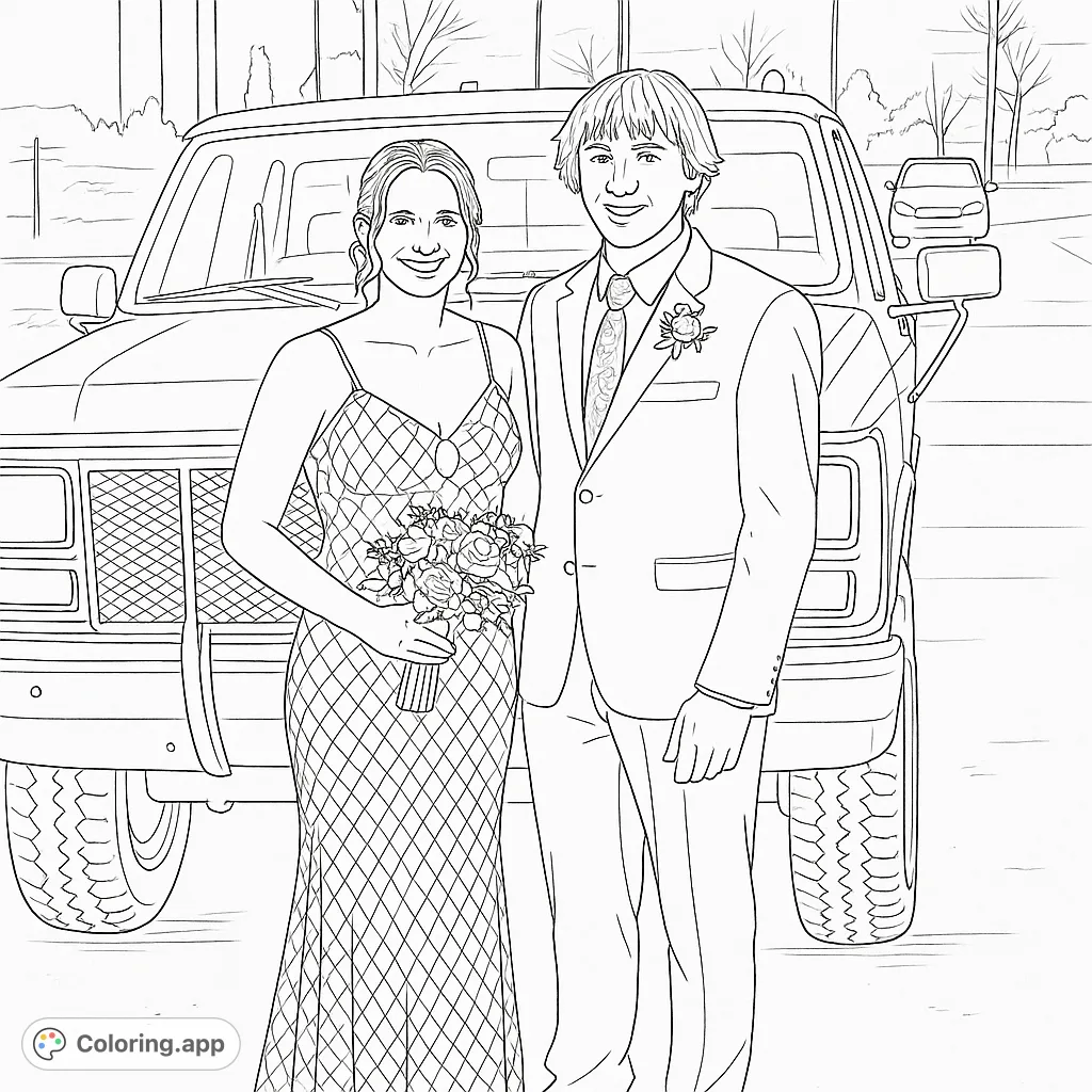 Capture the excitement of a special night with this prom couple and classic truck coloring page. Perfect for teens and adults to personalize with unique patterns and details.