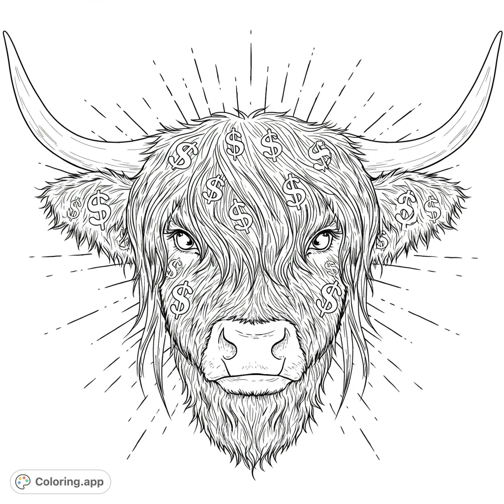 Unleash creativity with this unique shaggy bovine head featuring abstract dollar signs and dynamic lines. A detailed, free printable coloring page for adults.